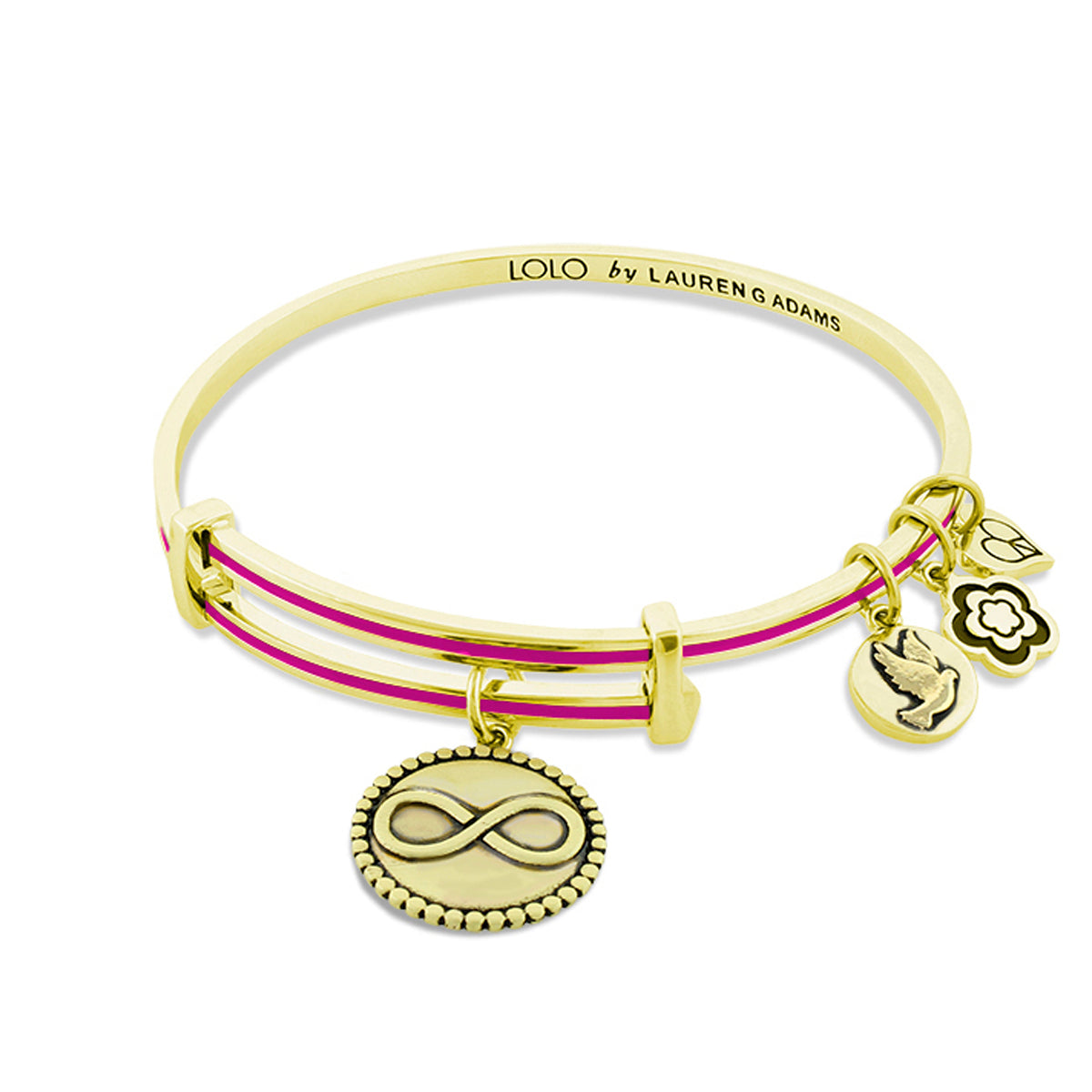 Lolo Infinity Bangle by Lauren G Adams gold-tone bracelet with pink enamel stripe and charms on Tampa Home & Garden Store