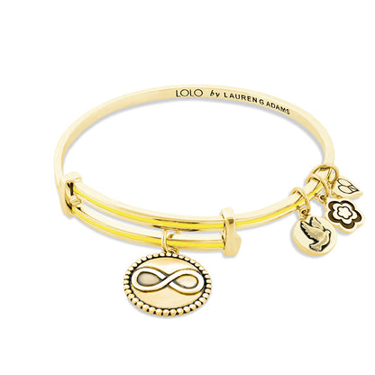 Lolo Infinity Bangle bracelet in gold-tone with double bands and infinity, bird, clover charms on Tampa Home & Garden Store