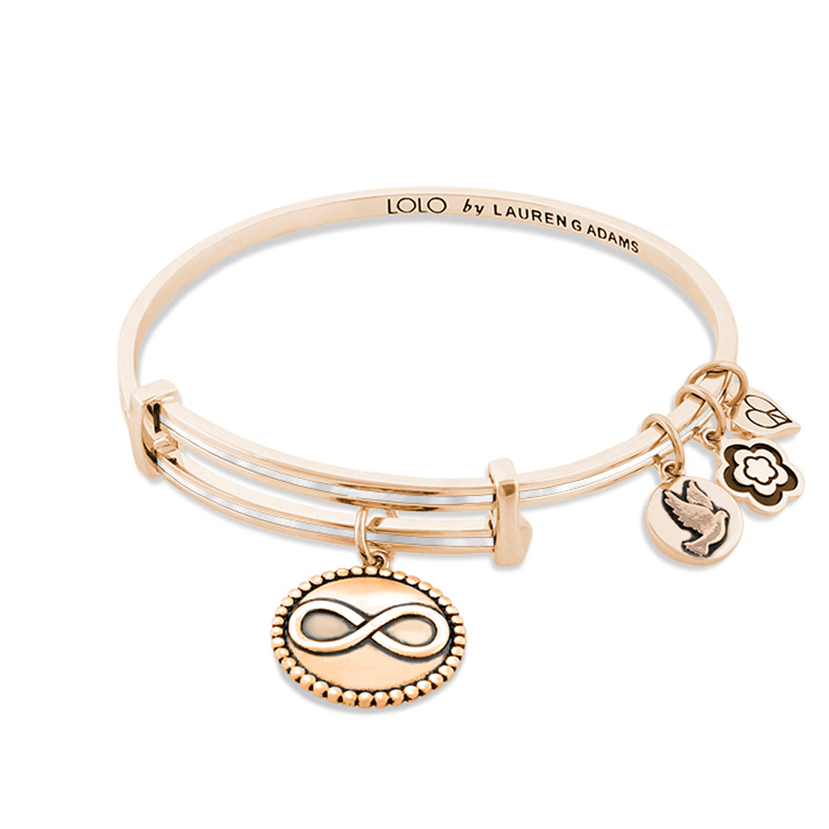 Lolo Infinity Bangle by Lauren G Adams, rose-gold triple-band bracelet with infinity charm on Tampa Home & Garden Store