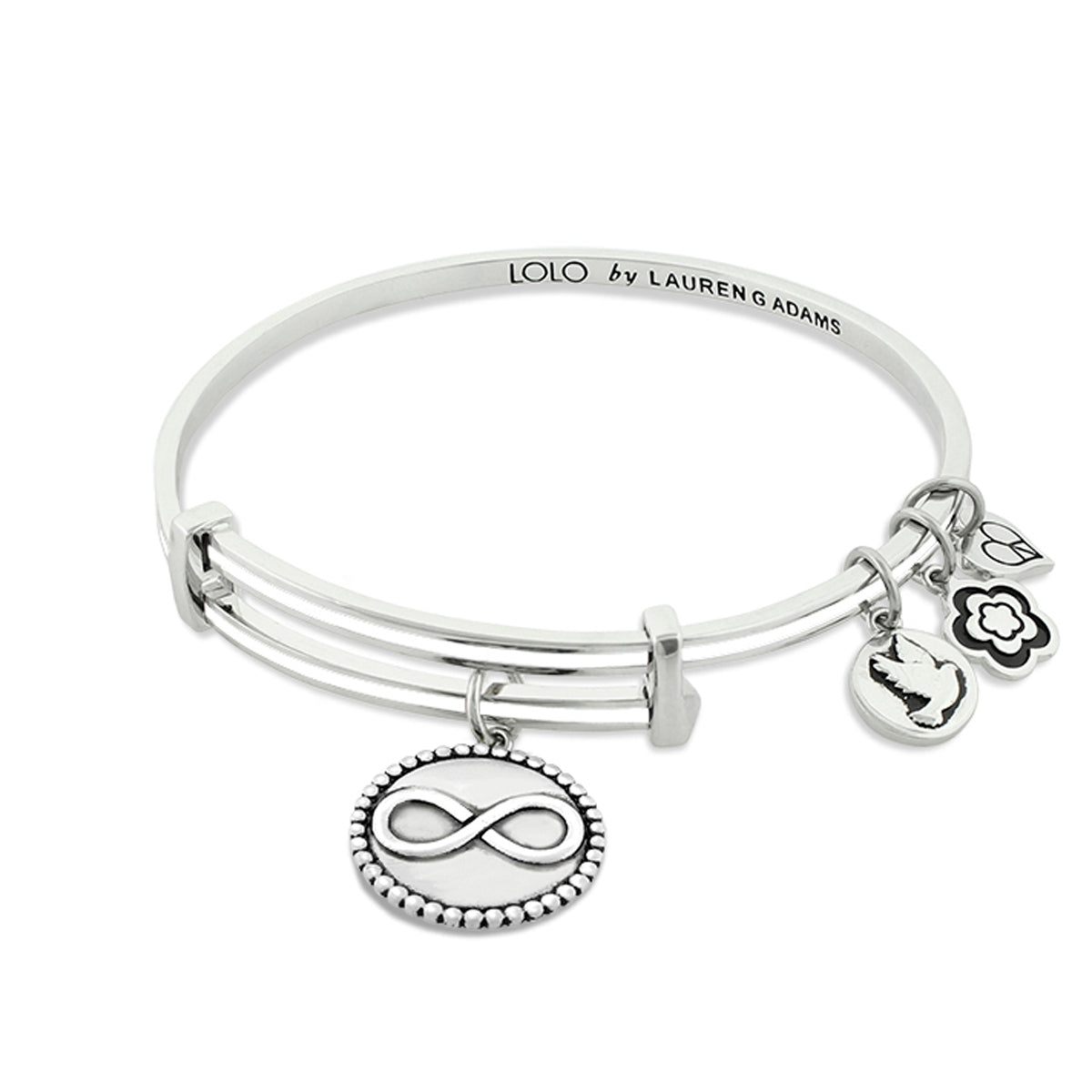 Lolo Infinity Bangle, stacked silver bracelet with infinity charm and flower charms on Tampa Home & Garden Store
