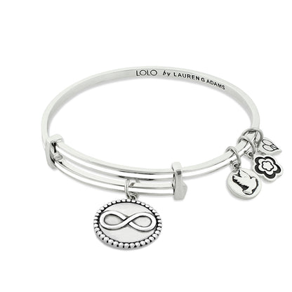 Lolo Infinity Bangle, stacked silver bracelet with infinity charm and flower charms on Tampa Home & Garden Store