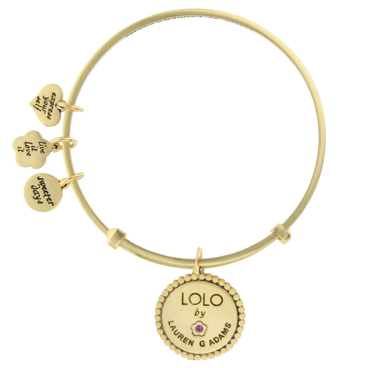 Lolo Wish Bone Bangle by Lauren G Adams, gold-tone bracelet with engraved discs and pendant on Tampa Home & Garden Store