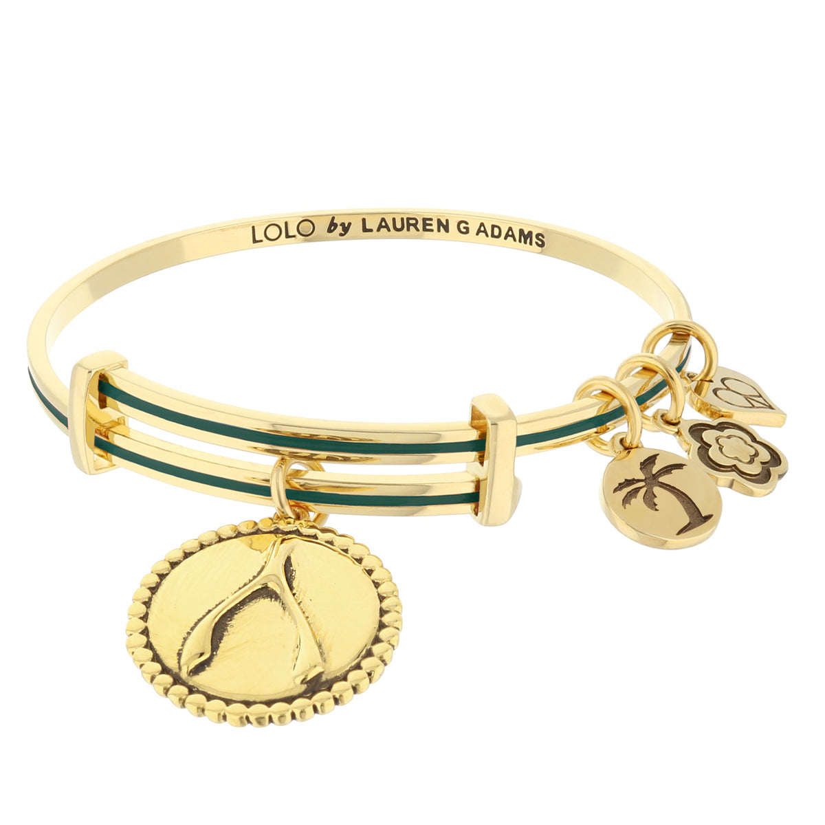 Lolo Wish Bone Bangle, Lauren G Adams gold-tone green stripe bangle with charms on Tampa Home & Garden Store