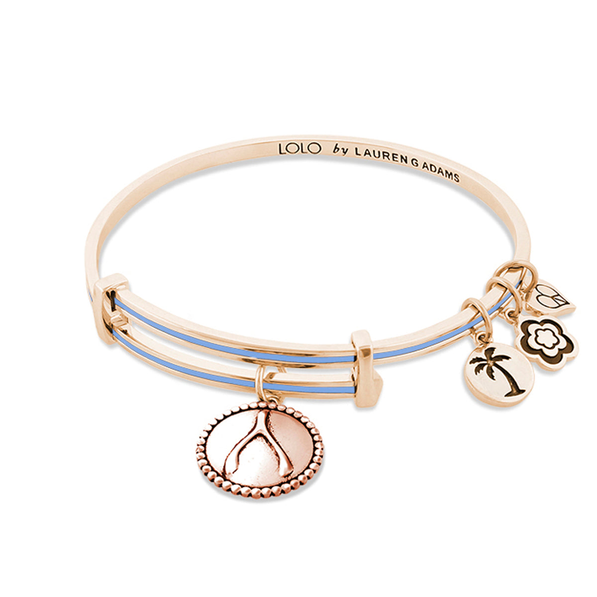 Lolo Wish Bone Bangle bracelet by Lauren G Adams in rose gold with blue enamel bands and dangling charms on Tampa Home & Garden Store