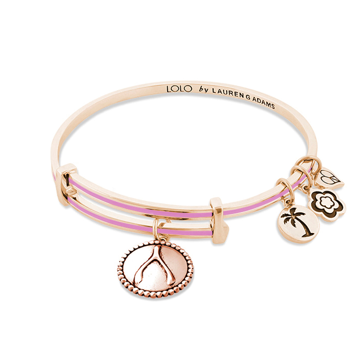 Lolo Wish Bone Bangle by Lauren G Adams, rose gold with pink enamel and palm tree charms on Tampa Home & Garden Store