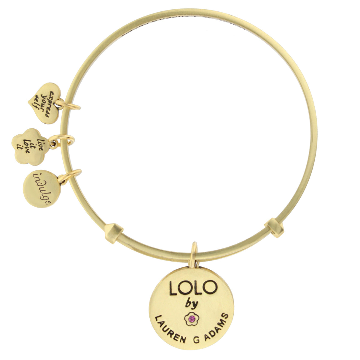 Lolo Sail Boat Bangle, gold-tone bracelet with engraved round charms, LOLO by Lauren G Adams on Tampa Home & Garden Store