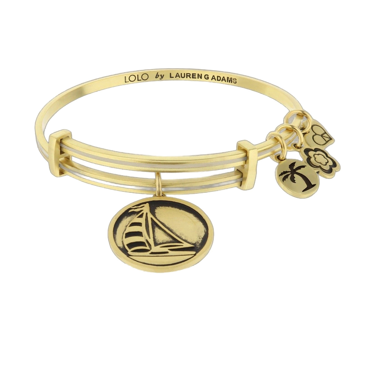 Lolo Sail Boat Bangle by Lauren G Adams, gold bracelet with sailboat charm and palm tree charms on Tampa Home & Garden Store