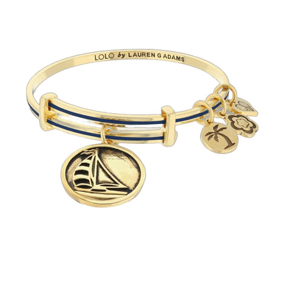 Lolo Sail Boat Bangle, gold-tone bracelet with blue enamel stripes and sailboat charms by LGA on Tampa Home & Garden Store