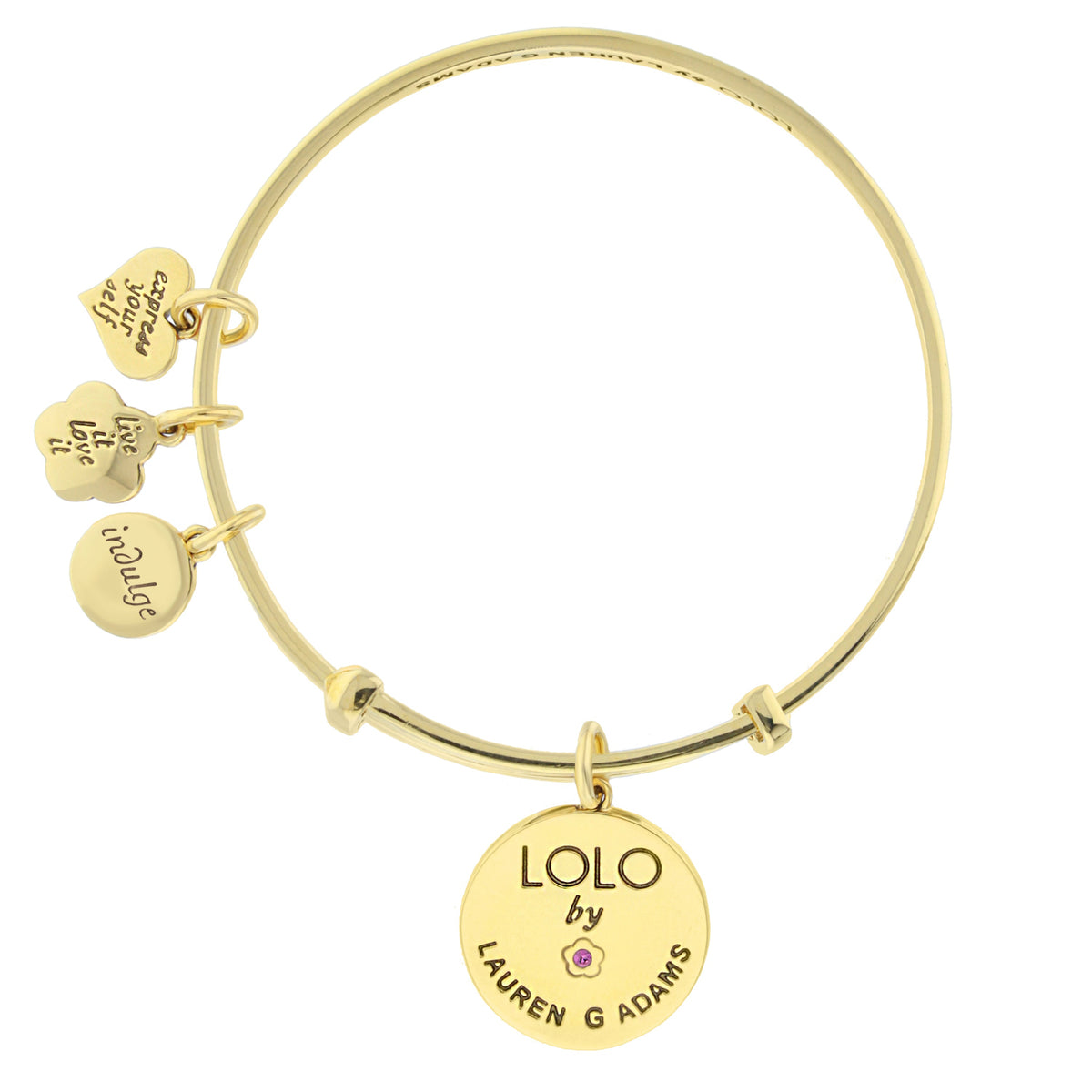 Gold-tone Lolo Sail Boat Bangle with LOLO by LAUREN G ADAMS charms and pink gem on Tampa Home & Garden Store
