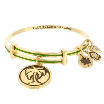 Lolo Palm Tree Bangle gold bracelet with green enamel stripes and palm charms by Lauren G Adams on Tampa Home & Garden Store