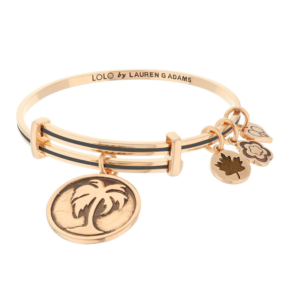 Lolo Palm Tree Bangle by Lauren G Adams; gold bracelet with black enamel stripes and palm charms on Tampa Home & Garden Store