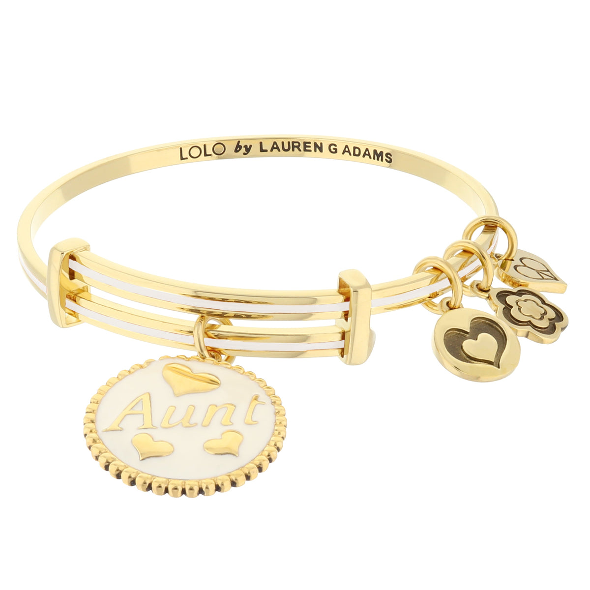 Lolo Aunt Bangle gold-tone bracelet engraved LOLO by LAUREN G ADAMS with charm accents on Tampa Home & Garden Store