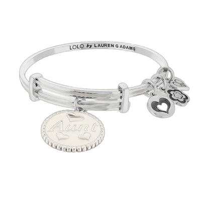 Lolo Aunt Bangle by Lauren G Adams, silver-toned bracelet with engraved logo and charms on Tampa Home & Garden Store