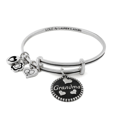 Lolo Grandma Bangle bracelet by Lauren G Adams; silver stacked bangles with heart and flower charms and a black Grandma pendant on Tampa Home & Garden Store