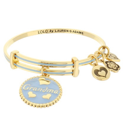 Lolo Grandma Bangle by Lauren G Adams; gold-tone bracelet with blue enamel accents and charms on Tampa Home & Garden Store