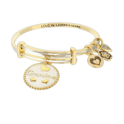 Lolo Grandma Bangle by Lauren G Adams, gold-tone bracelet with heart charms and Grandma pendant on Tampa Home & Garden Store