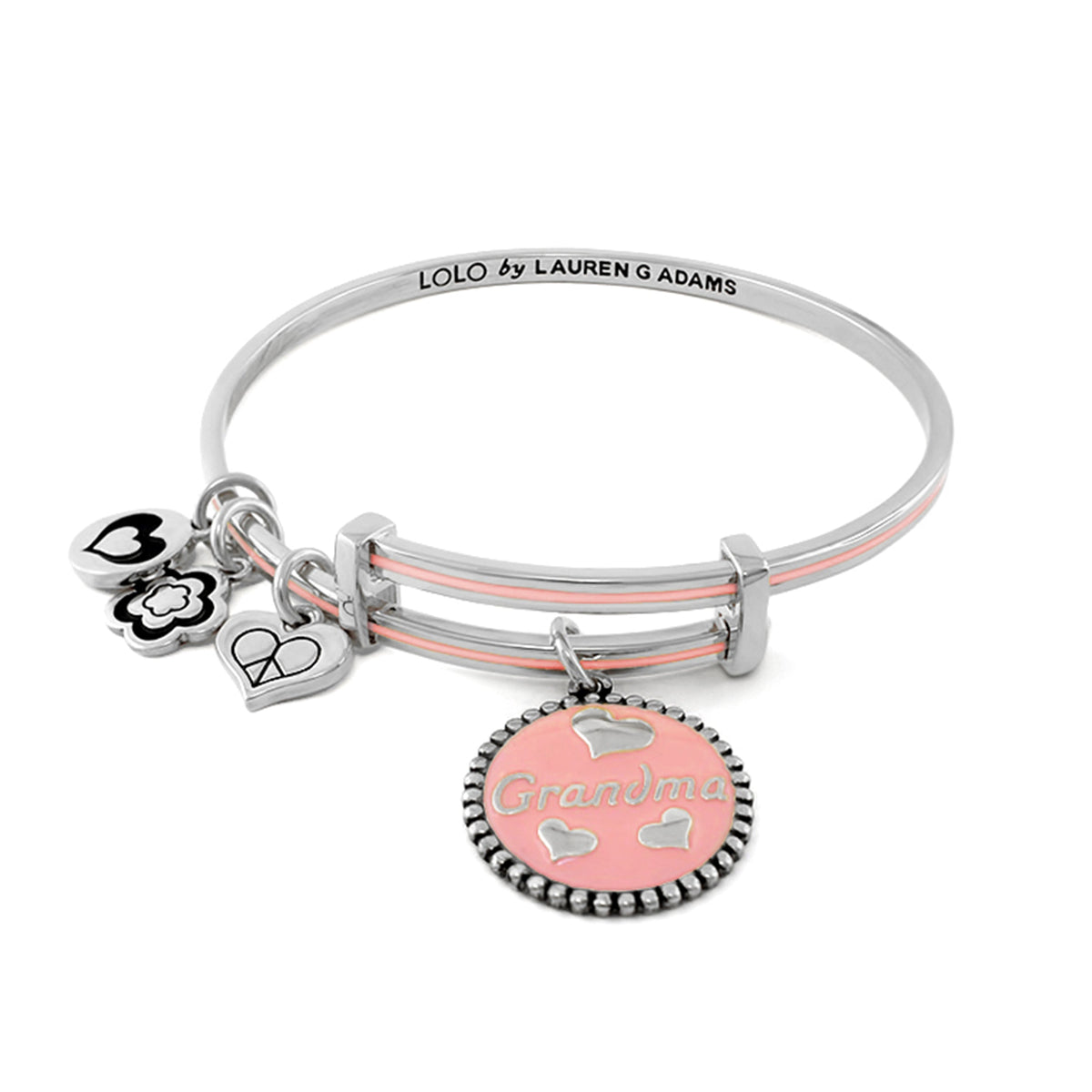 Lolo Grandma Bangle silver tone bracelet with pink enamel and charms by Lauren G Adams on Tampa Home & Garden Store