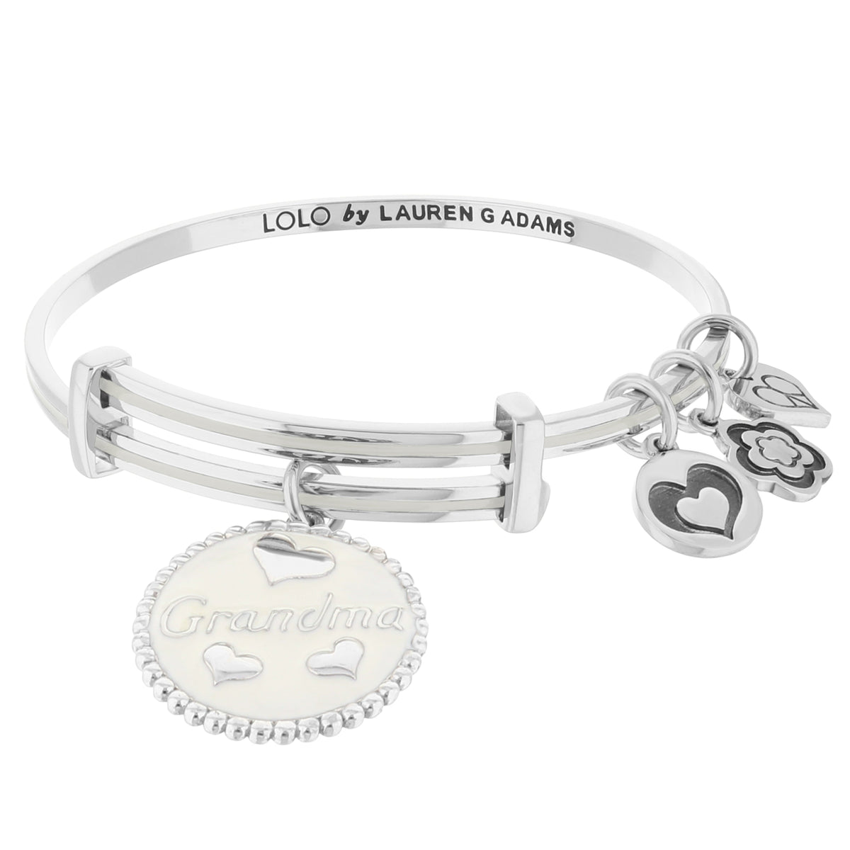 Lolo Grandma Bangle by Lauren G Adams, silver bracelet with LOLO engraving and flower charms on Tampa Home & Garden Store