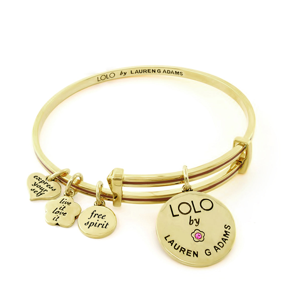 LOLO Anchor Bangle by Lauren G Adams, gold-tone bracelet with several charms and LOLO pendant on Tampa Home & Garden Store
