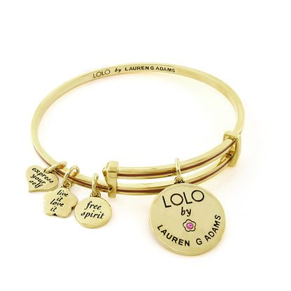 LOLO Anchor Bangle by Lauren G Adams, gold-tone bracelet with several charms and LOLO pendant on Tampa Home & Garden Store