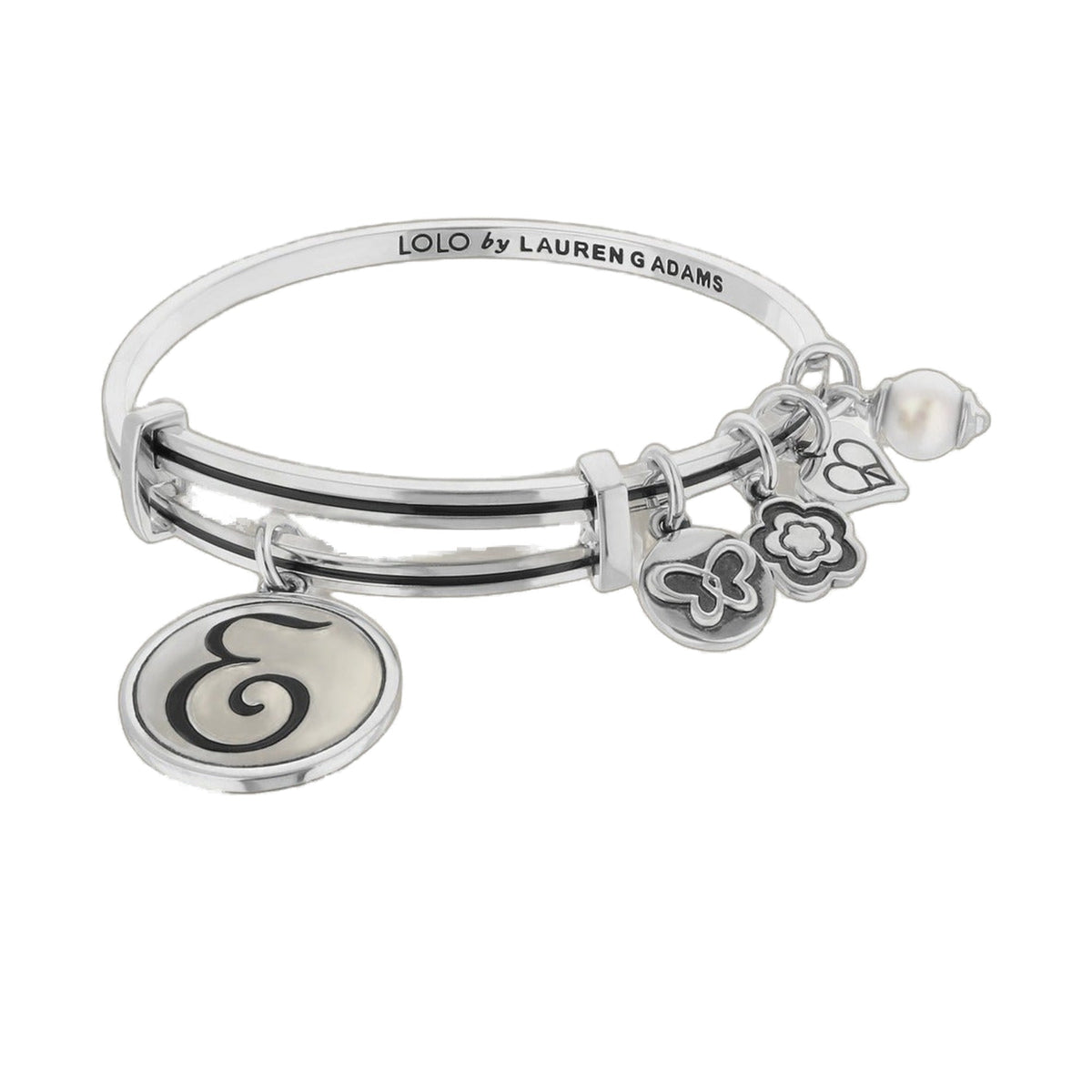 Initial E Bangle bracelet, silver-tone with charms and a round E pendant by Lauren G Adams on Tampa Home & Garden Store