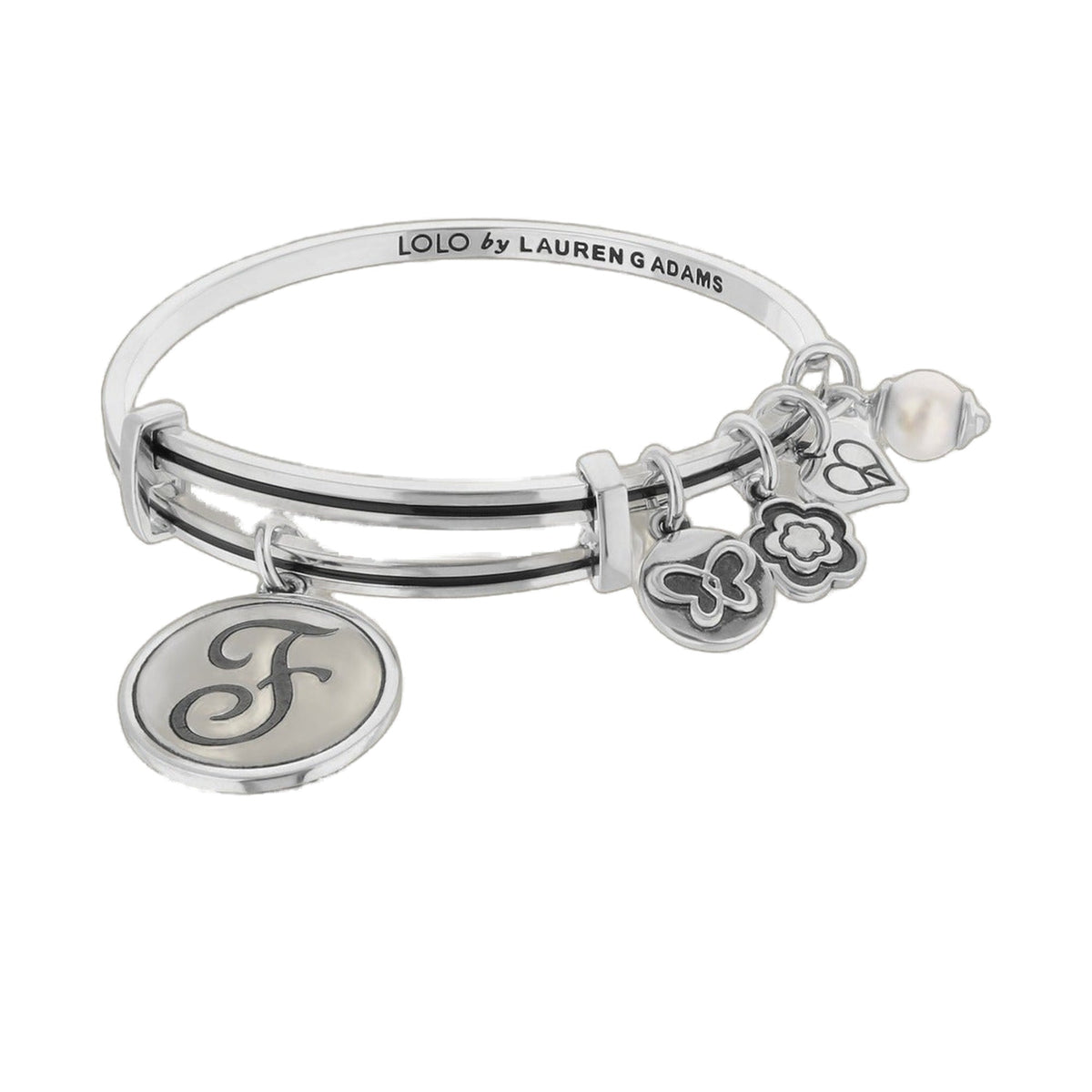 Initial F Bangle by Lauren G Adams; silver bracelet with F charm and flower charms on Tampa Home & Garden Store