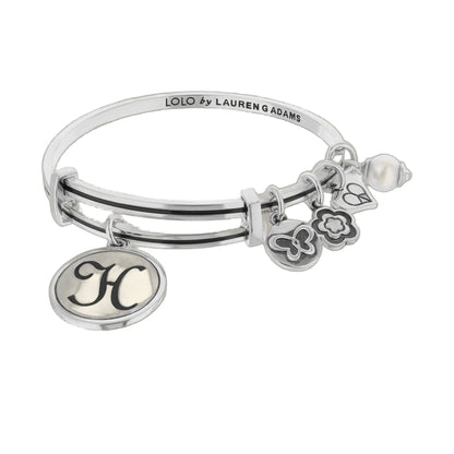 Initial H Bangle by Lauren G Adams; silver-toned bracelet with H charm and floral charms on Tampa Home & Garden Store