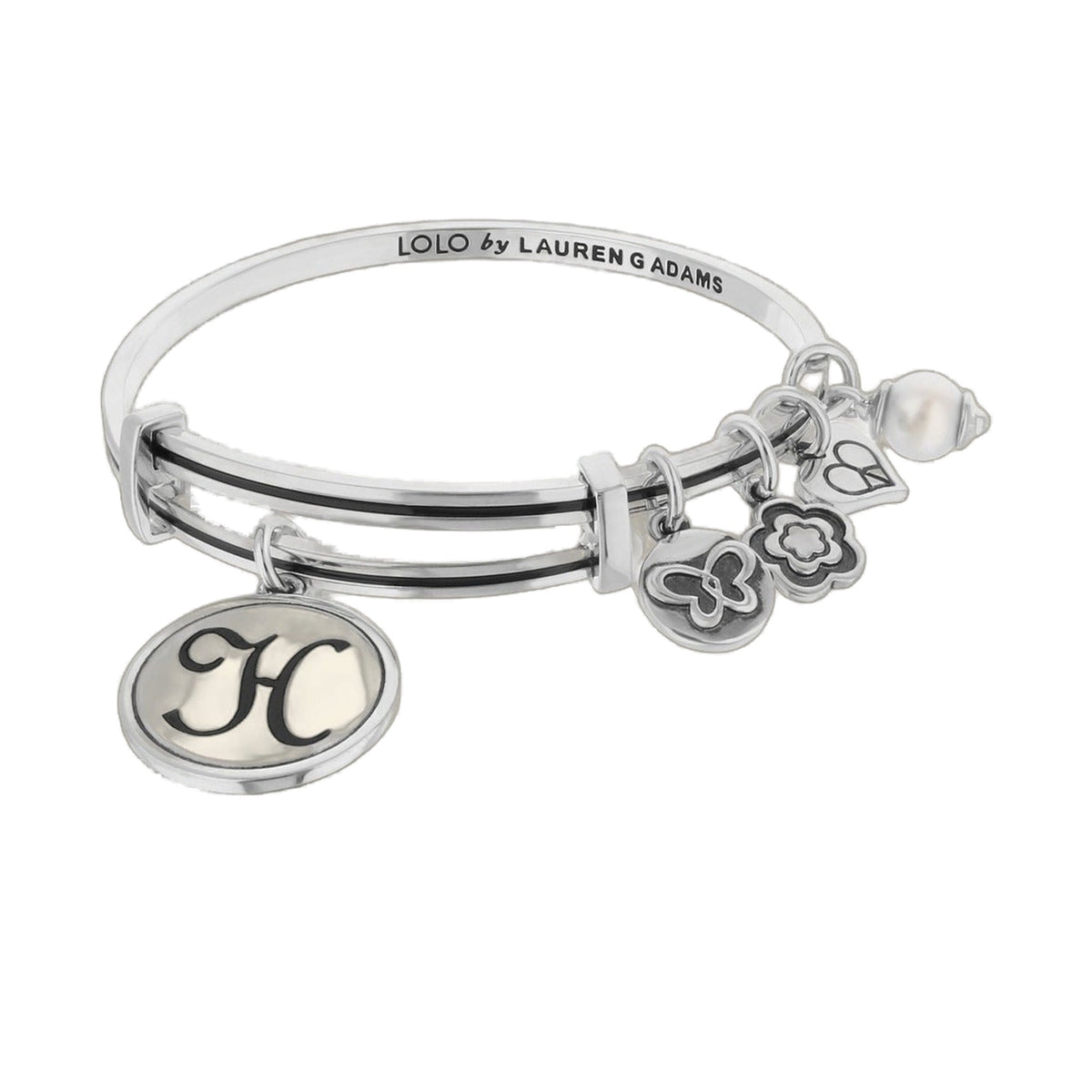 Initial H Bangle bracelet by Lauren G Adams in silver with H monogram disc and flower charms on Tampa Home & Garden Store