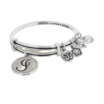 Initial I Bangle by Lauren G Adams, silver-tone bracelet with LOLO inscription and charms on Tampa Home & Garden Store