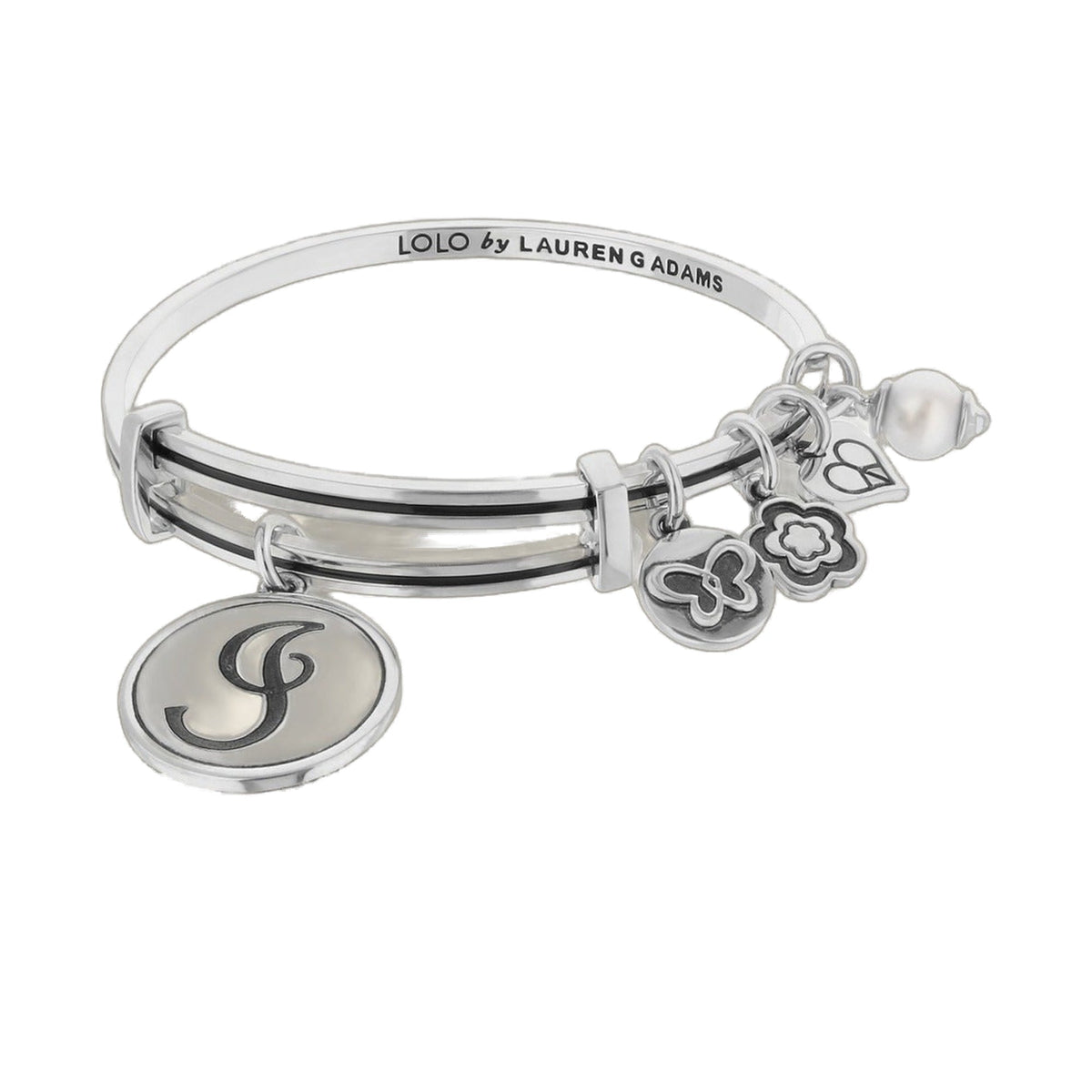 Initial I Bangle by Lauren G Adams, silver-tone bracelet with floral charms and initial pendant on Tampa Home & Garden Store