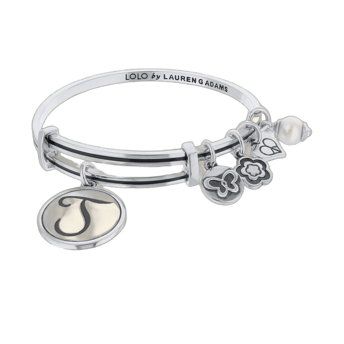 Initial J Bangle bracelet, silver tone metal from LOLO by Lauren G Adams, floral charms on Tampa Home & Garden Store