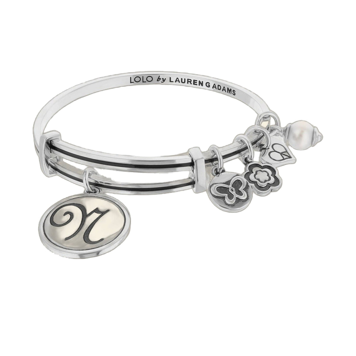 Initial N Bangle by Lauren G Adams in silver with floral charms on Tampa Home & Garden Store