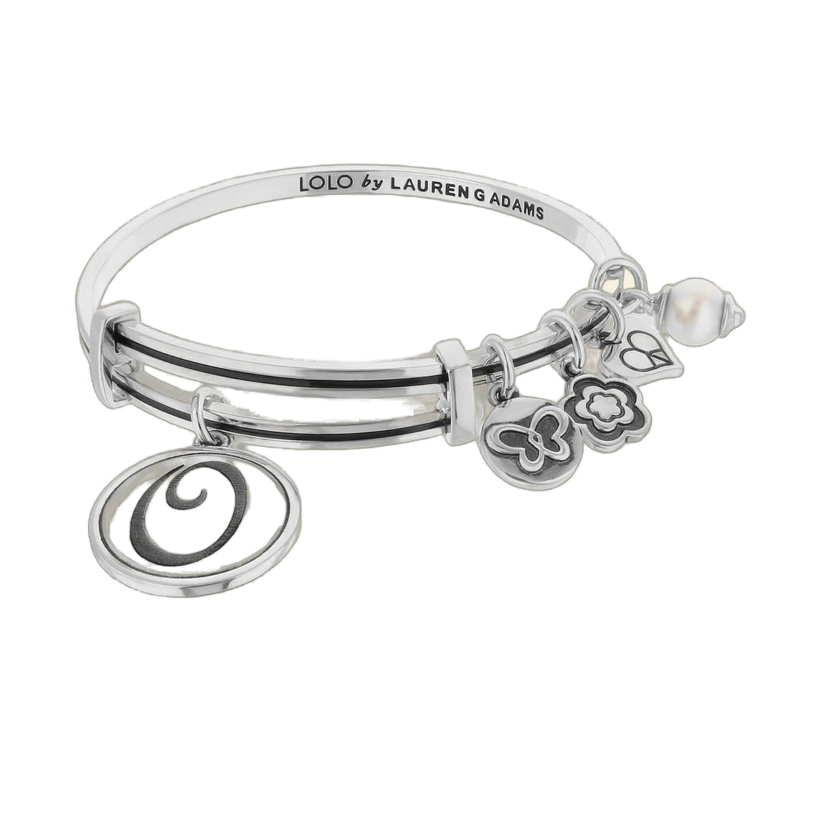 Initial O Bangle bracelet by Lauren G Adams with dangling charms, silver tone on Tampa Home & Garden Store