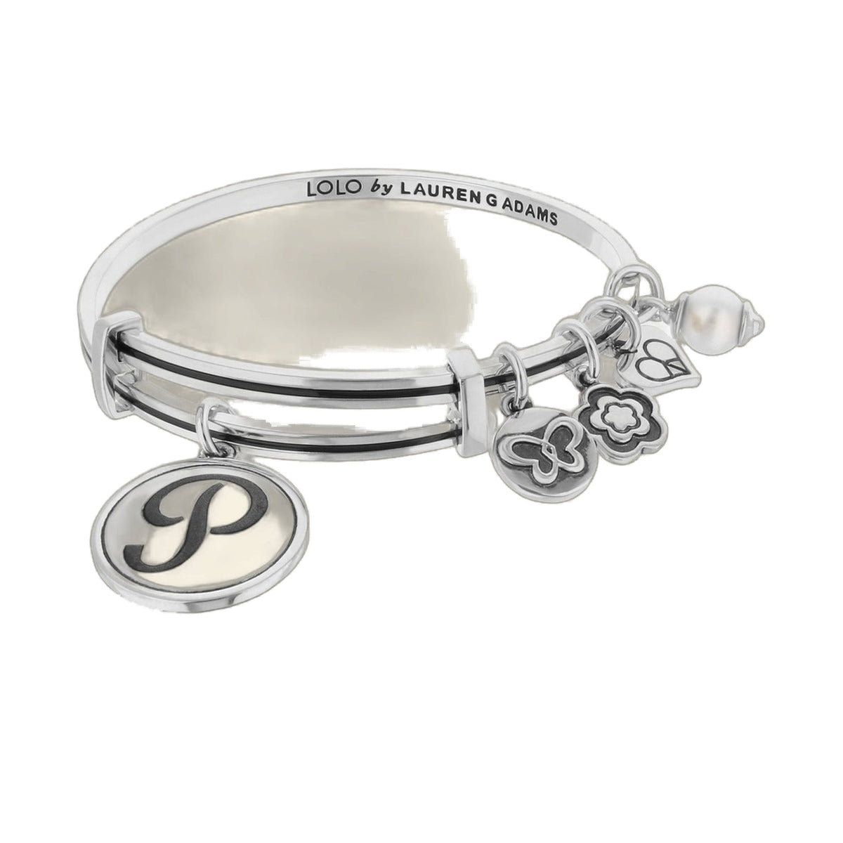 Initial P Bangle bracelet silver with floral charms by Lauren G Adams on Tampa Home & Garden Store