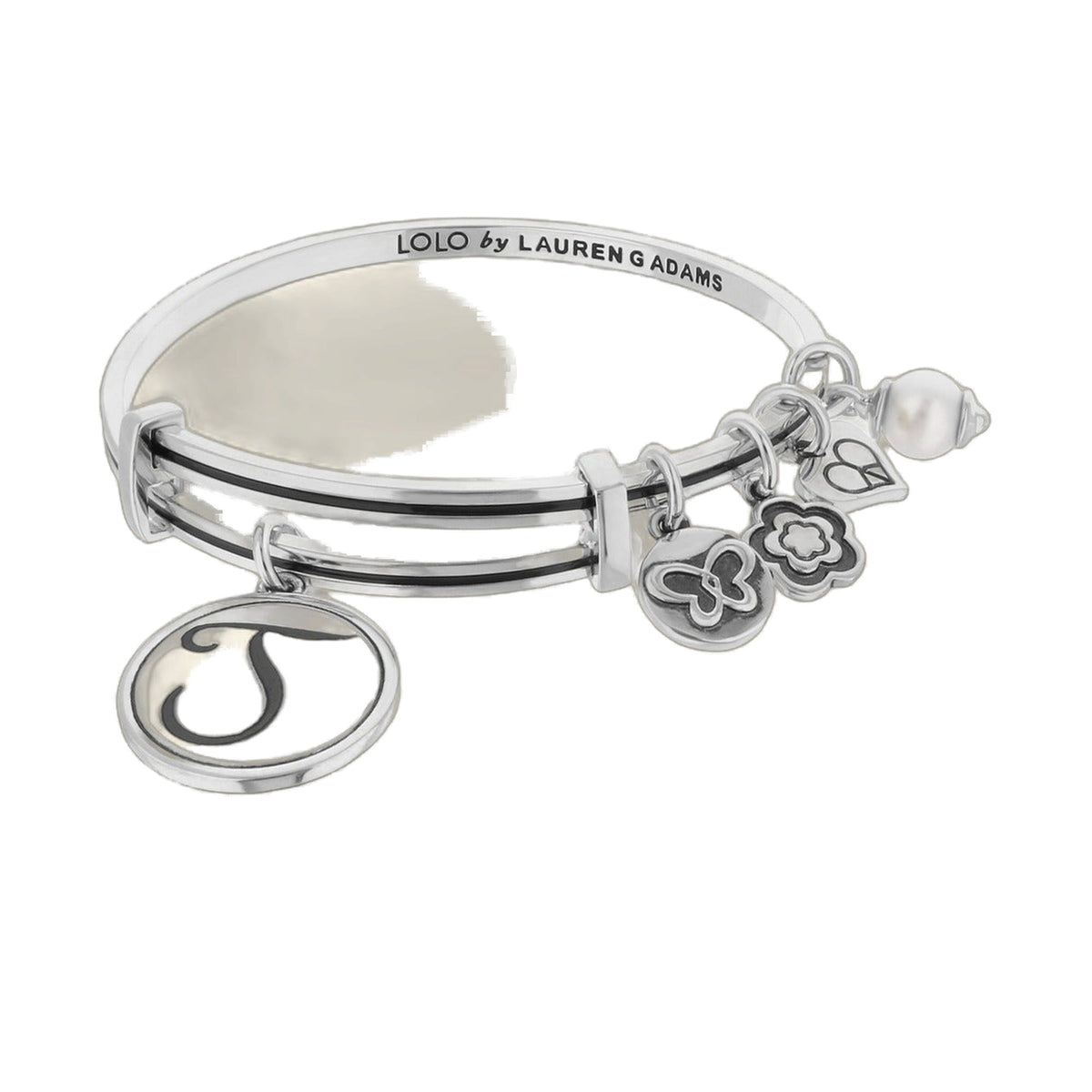 Initial T Bangle bracelet by Lauren G Adams, silver-tone multi-band with floral charms on Tampa Home & Garden Store