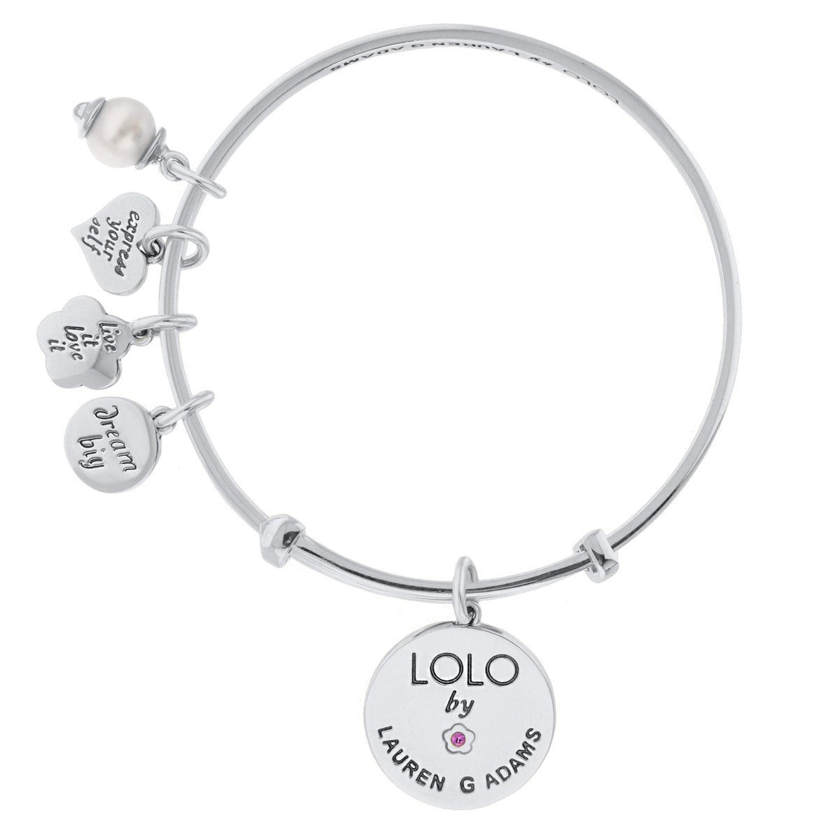 Initial V Bangle silver bracelet with LOLO by Lauren G Adams charm and heart discs on Tampa Home & Garden Store