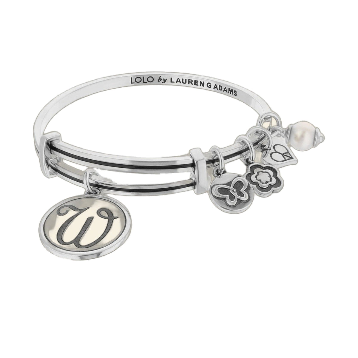 Initial W Bangle among 3 layered silver bangles with floral charms by Lauren G Adams on Tampa Home & Garden Store