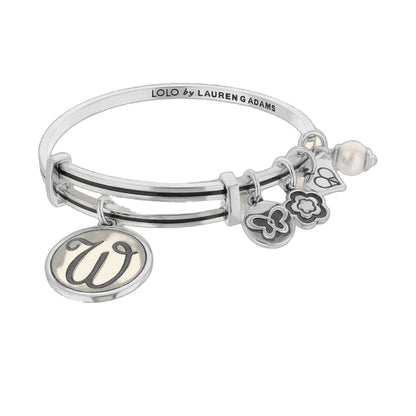 Initial W Bangle among 3 layered silver bangles with floral charms by Lauren G Adams on Tampa Home & Garden Store