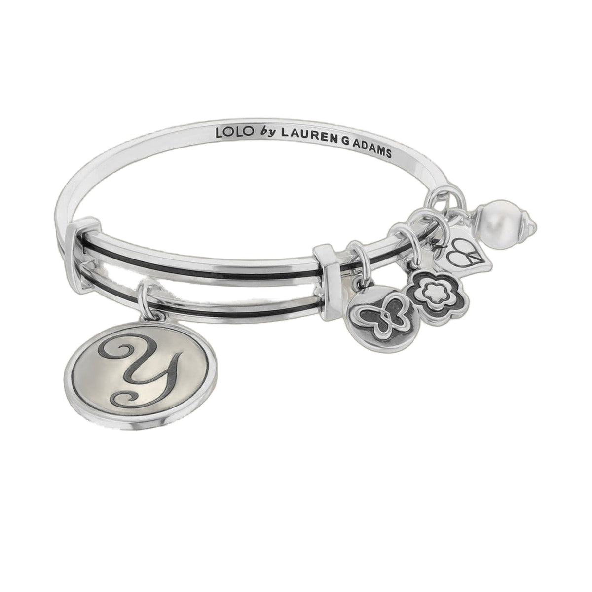 Initial Y Bangle by Lauren G Adams, silver bracelet with Y pendant and flower charms on Tampa Home & Garden Store