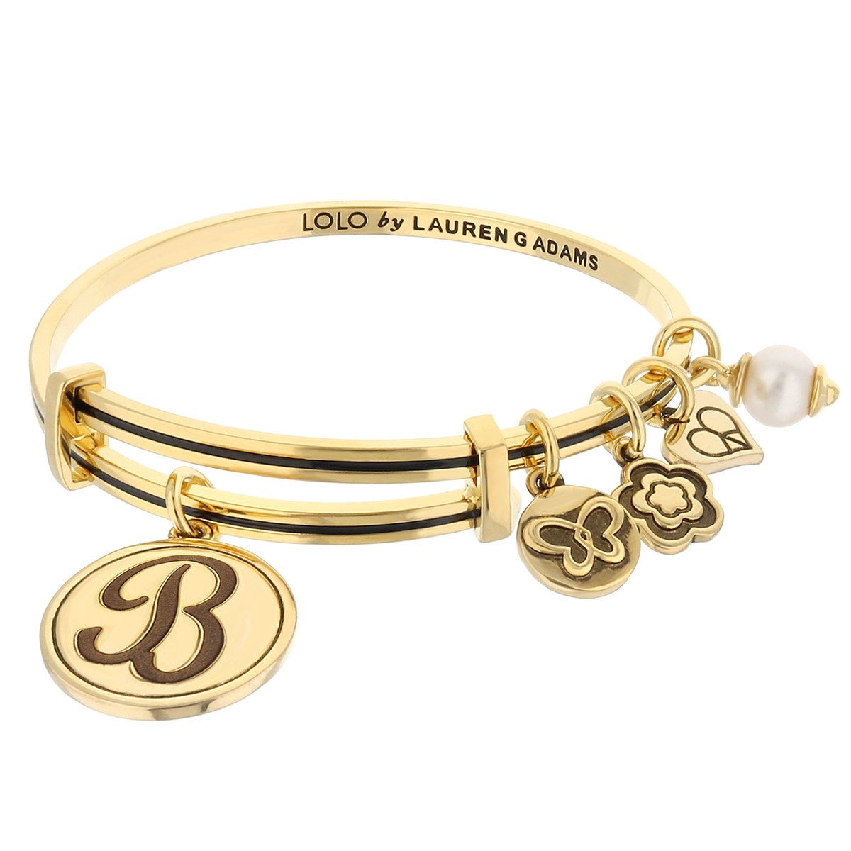 Initial B Bangle by Lauren G Adams, gold-tone bracelet with B pendant and clover charms on Tampa Home & Garden Store