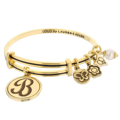 Initial B Bangle by Lauren G Adams, gold-tone bracelet with B pendant and clover charms on Tampa Home & Garden Store