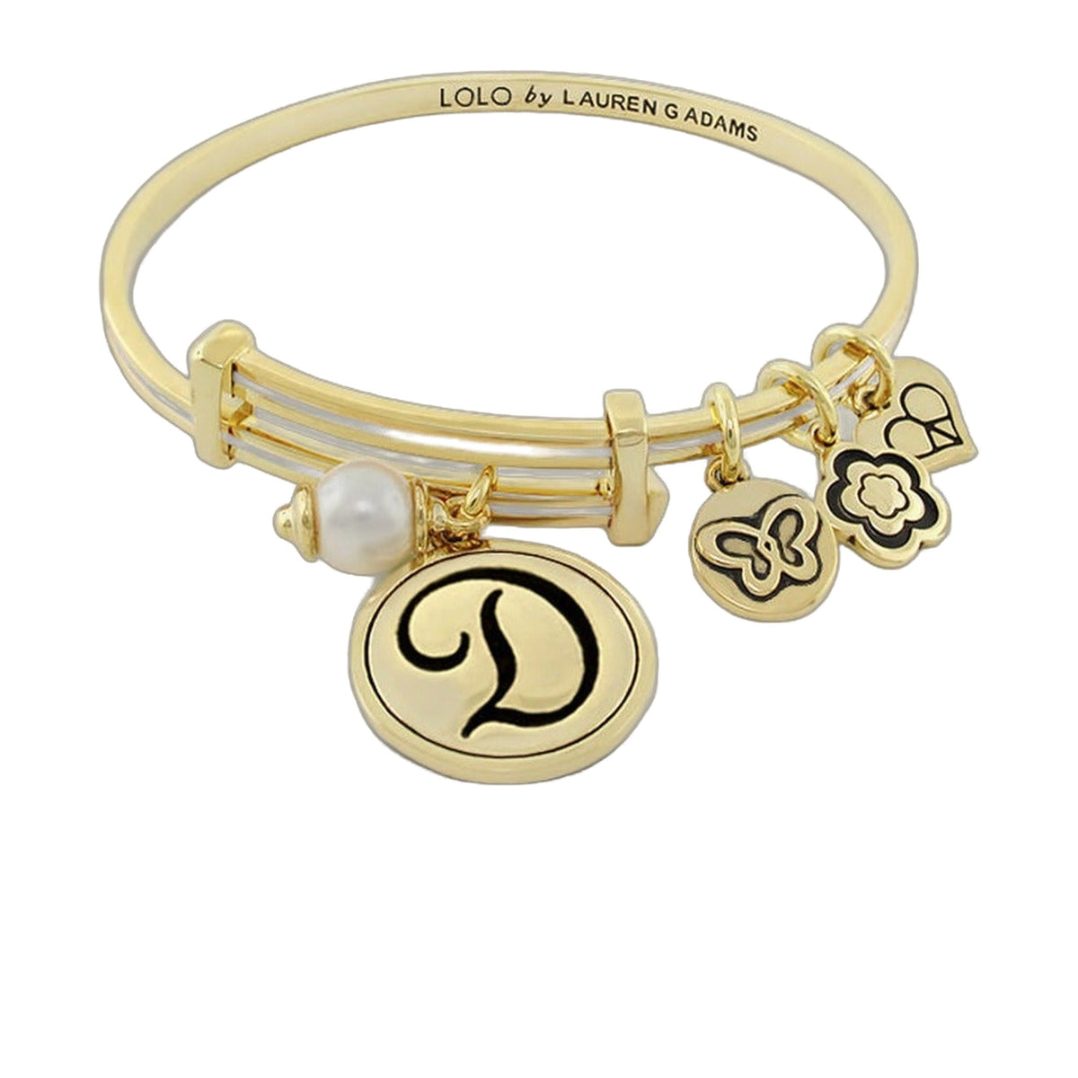 Initial D Bangle by Lauren G Adams, gold-tone bracelet with charms and pearl accent on Tampa Home & Garden Store