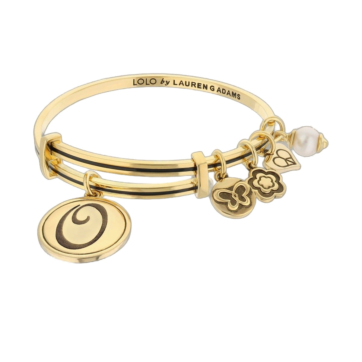 Initial O Bangle by Lauren G Adams, gold-tone bracelet with black enamel line and clover charms on Tampa Home & Garden Store