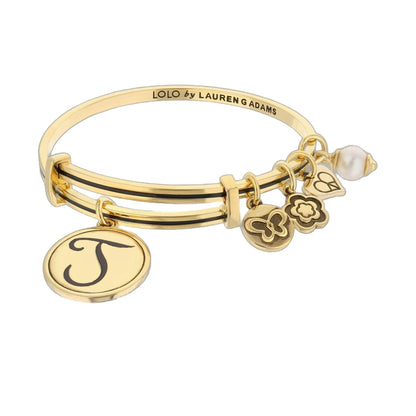 Initial T Bangle gold-tone bracelet with T charm and floral charms on Tampa Home & Garden Store