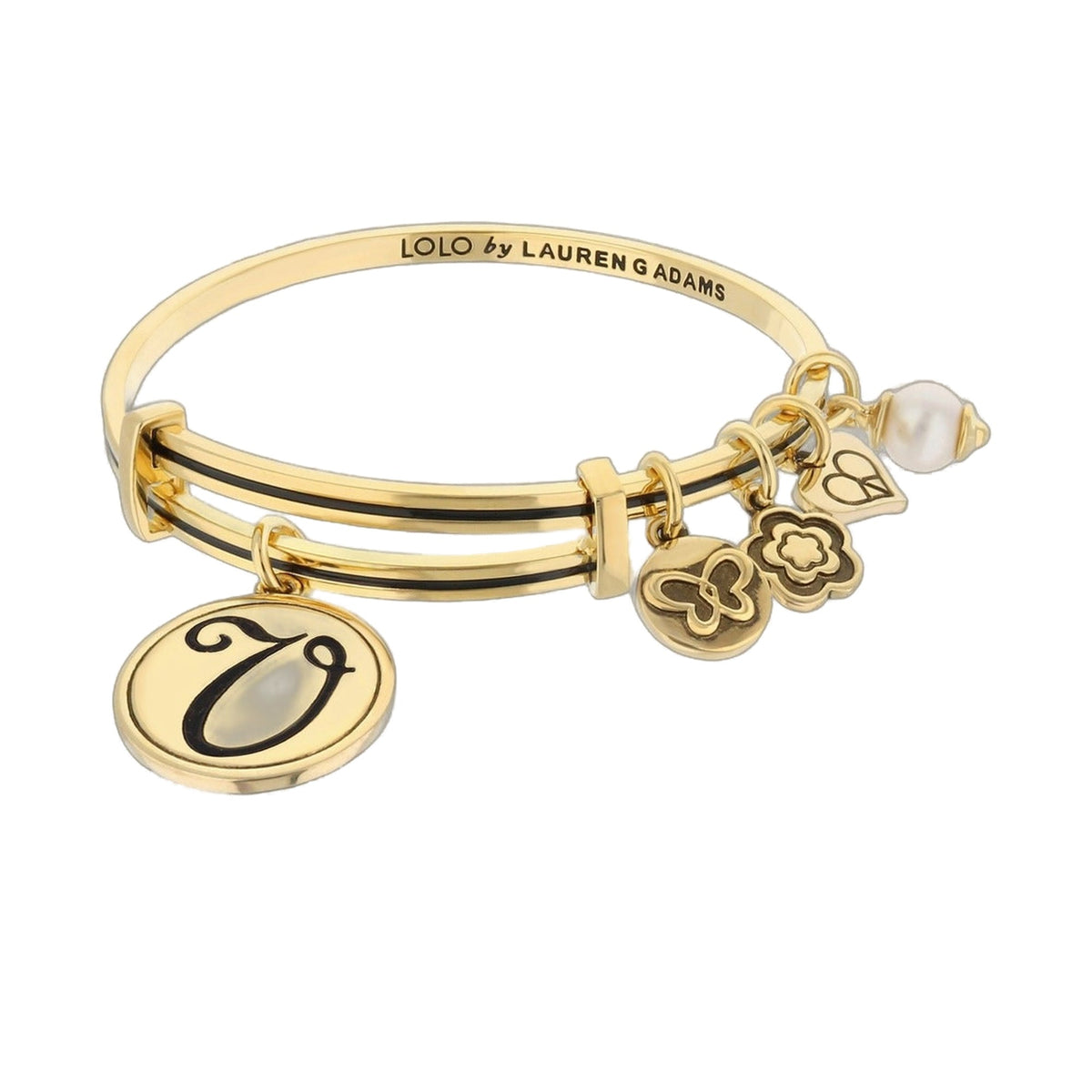 Gold-tone Initial V Bangle by Lauren G Adams with clover charms and disc charm on Tampa Home & Garden Store