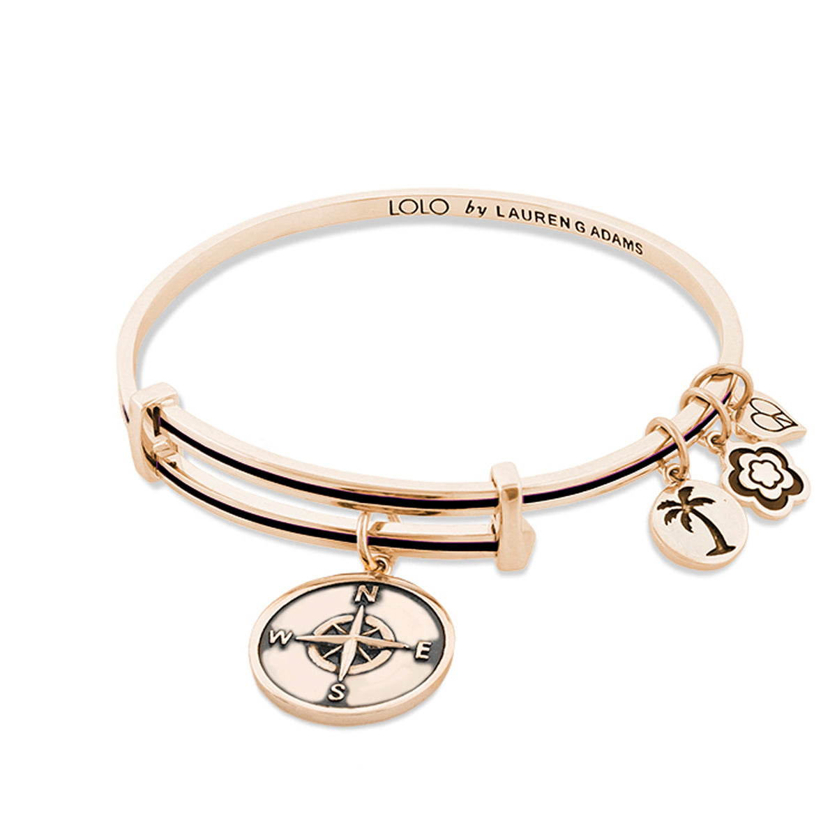 Lolo Compass Bangle rose gold-tone by Lauren G Adams with four charms and compass pendant on Tampa Home & Garden Store
