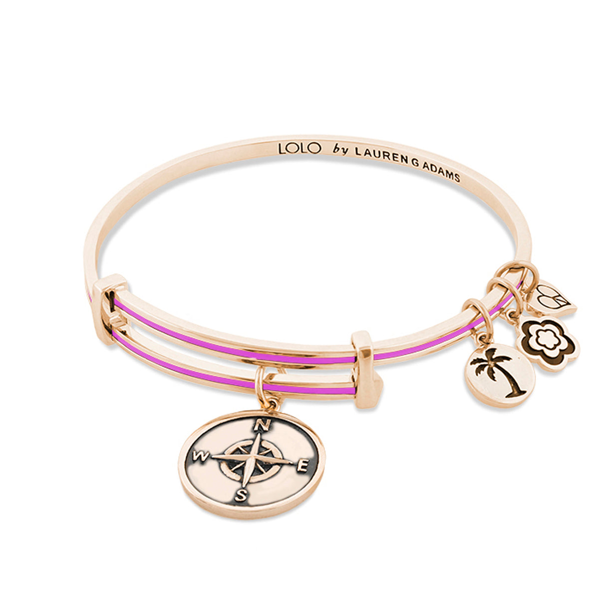 Lolo Compass Bangle by Lauren G Adams, rose-gold tone bracelet with purple bands and charms on Tampa Home & Garden Store