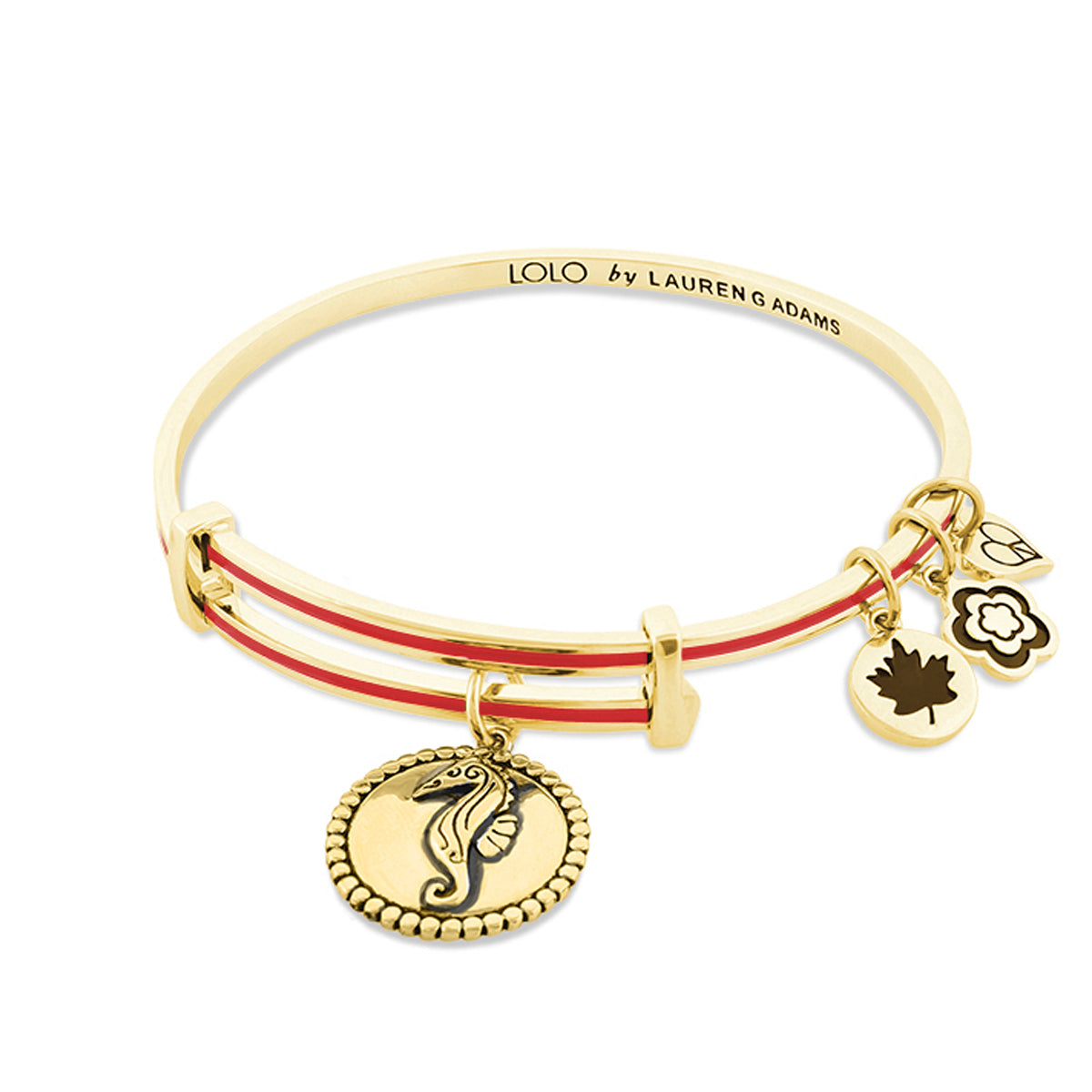 Lolo Seahorse Bangle, gold bracelet with red enamel bands and seahorse charm by Lauren G Adams on Tampa Home & Garden Store