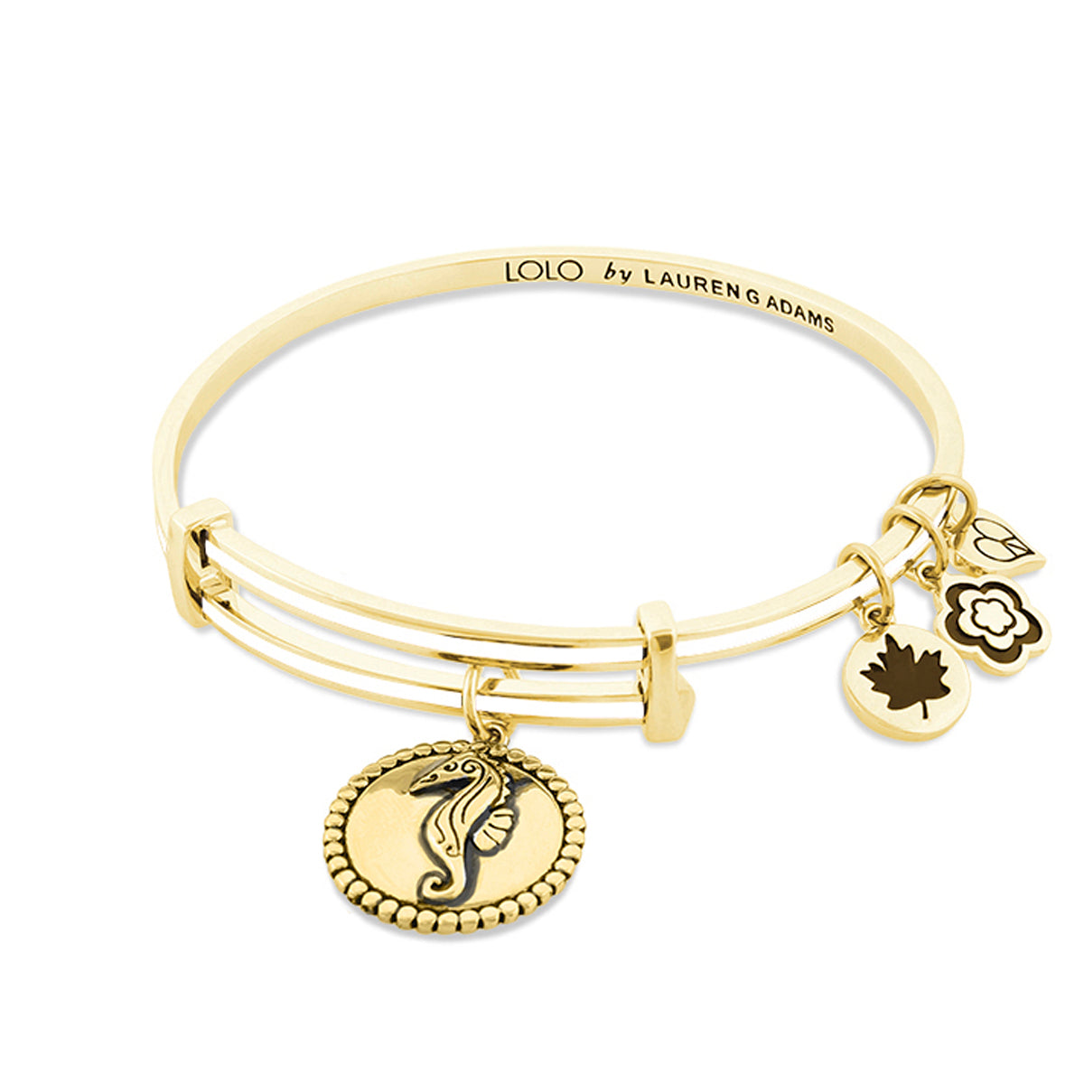 Lolo Seahorse Bangle gold bracelet with seahorse pendant and flower charms by Lauren G Adams on Tampa Home & Garden Store