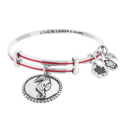 Lolo Seahorse Bangle by Lauren G Adams silver bracelet with red enamel trim and seahorse charm on Tampa Home & Garden Store